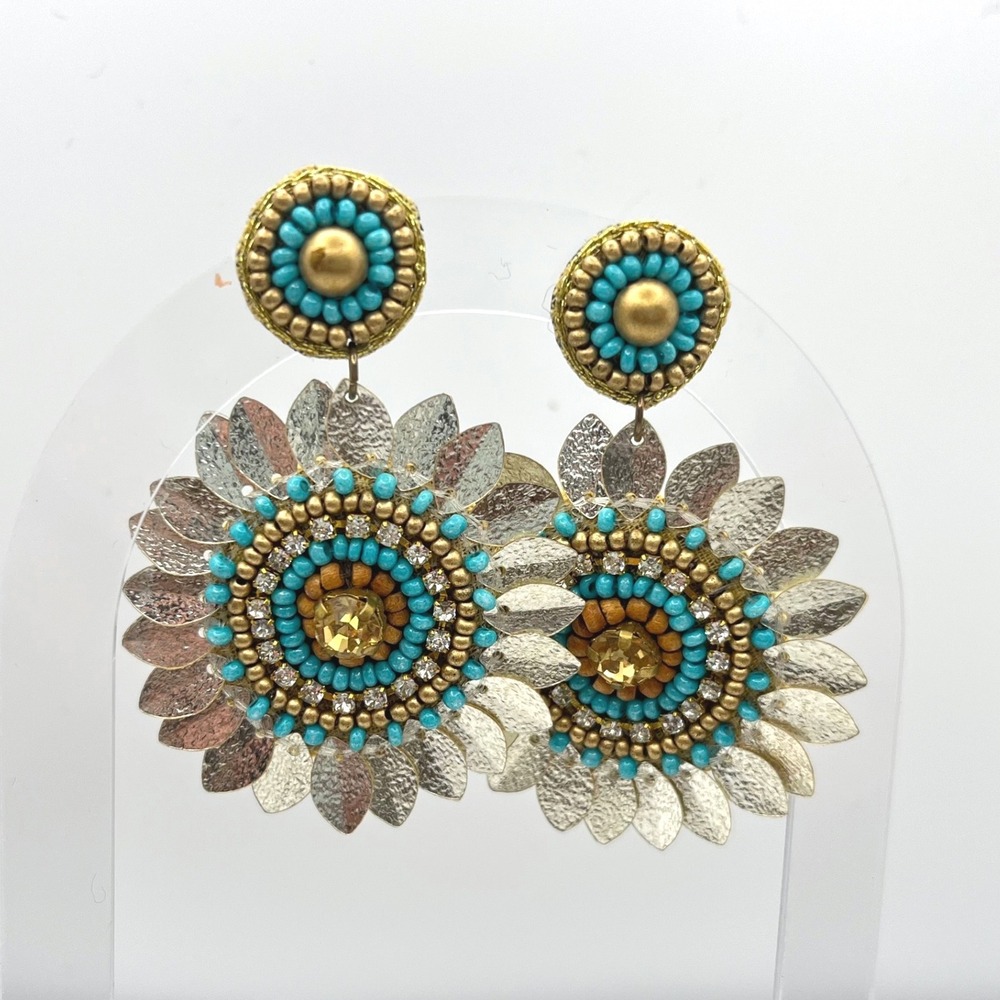 Beaded Sunflower Statement Earrings Turquoise Gold Metallic Silver Drop Boho